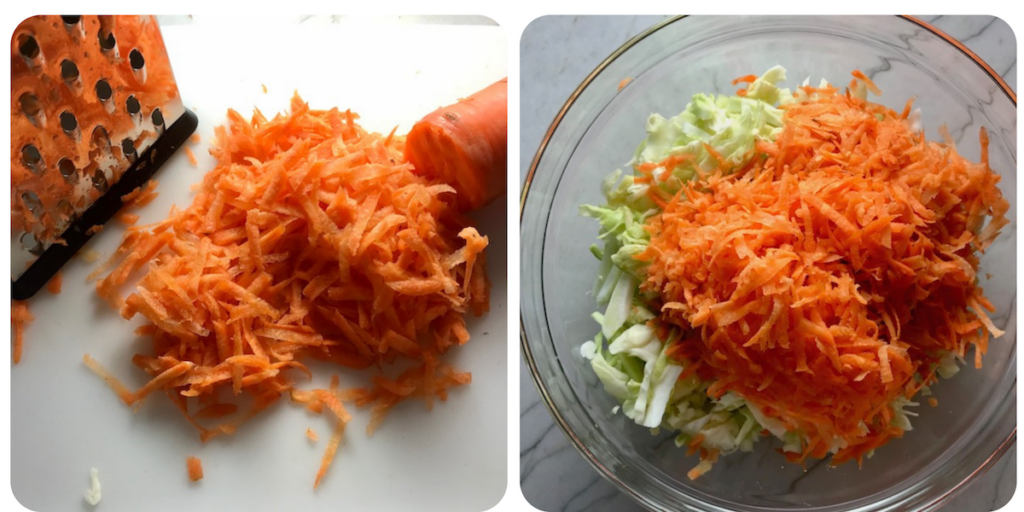 Shredding carrot on a grater for Asian Coleslaw. It has cabbage, carrots, scallions, and sesame seeds in a creamy dressing with mayonnaise. vinegar, soy sauce, and Sesame Oil. It really is a sidekick that can go with anything!