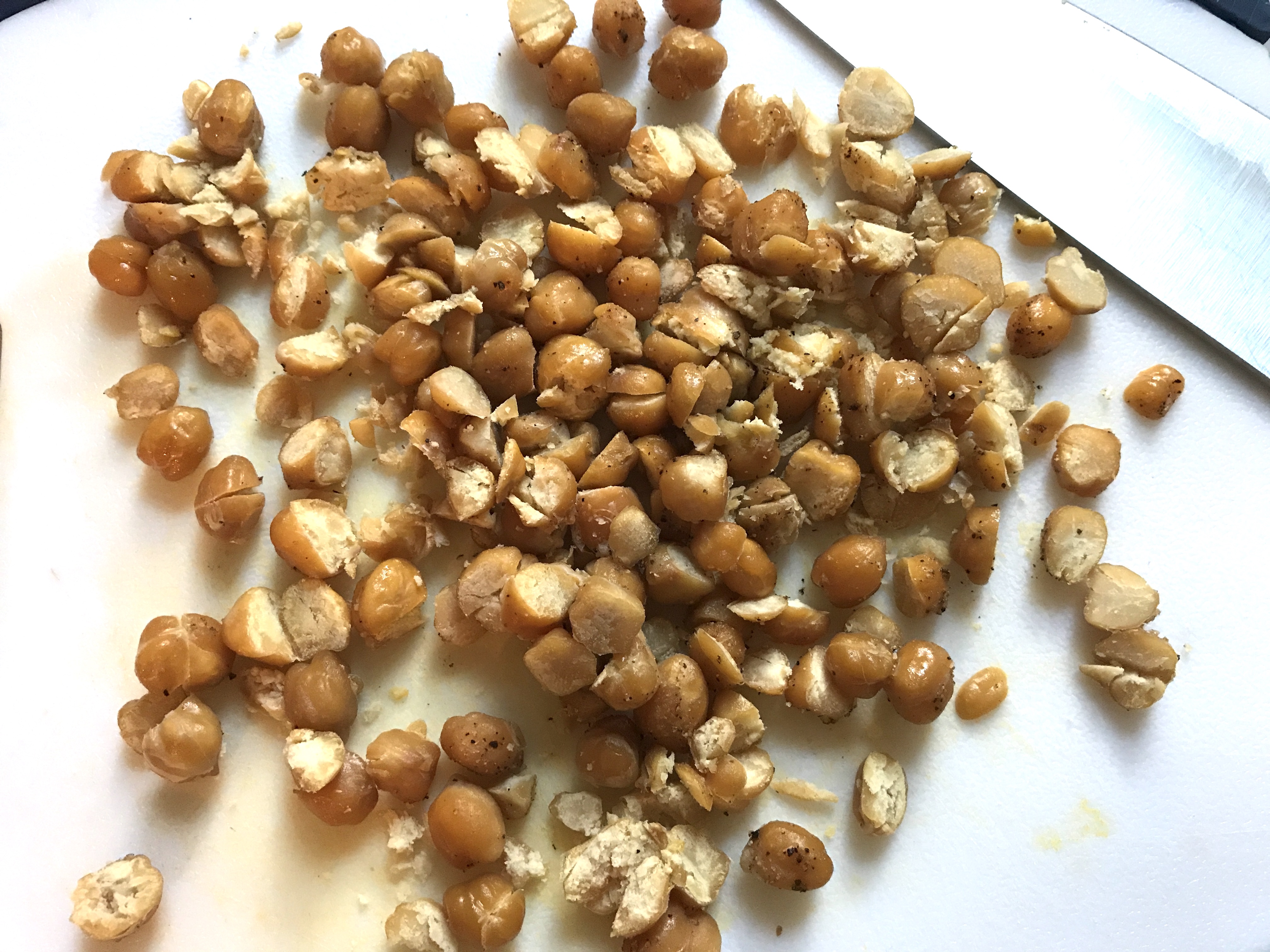 Chickpeas roasted on sheet pan for Creamy Carrot and Chickpea Soup with Kale.