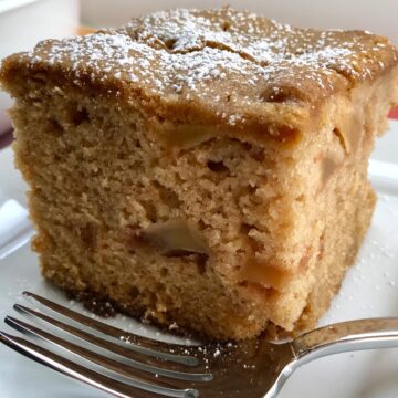 Slice of the Best Apple Cinnamon Cake on a plate with a fork.   When you bake this cake, the entire house fills with the amazing aroma of cinnamon and apples.  And then when you eat it, every bite gives you sweet cinnamon spice with a beautifully spongy texture and a sweet and tart pop from the apples.  