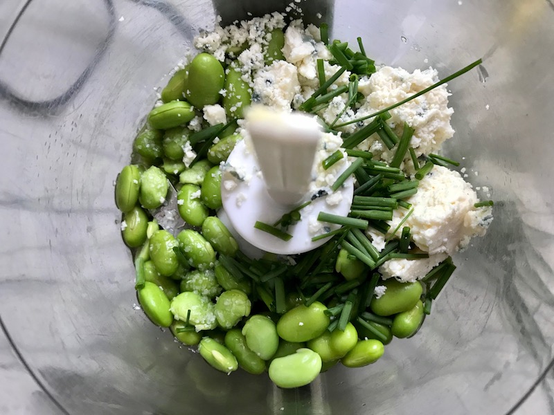 All ingredients in a food processor for Edamame Dip with Gorgonzola. It's creamy, savory, nutty, and utterly delicious!