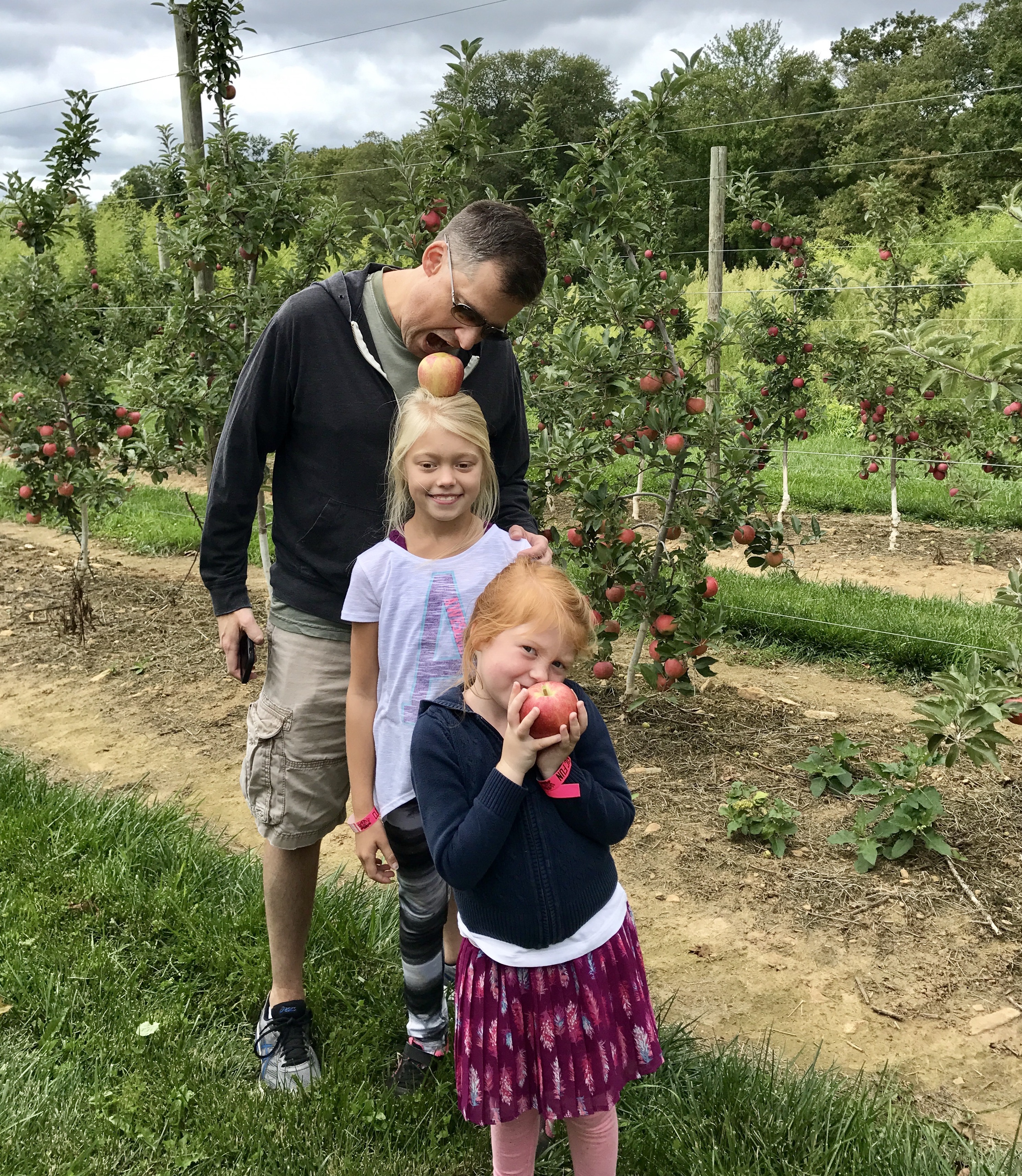 Family picking apples for the Best Apple Cinnamon Cake.