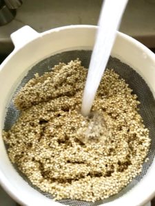 Quinoa in strainer with water pouring over to rinse it.