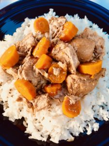 5-Ingredient Slow Cooker Pork Stew is easy and flavorful! Served over Rice, it's a perfect family dinner.