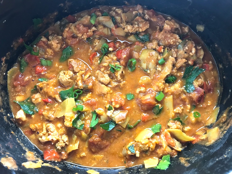 Cooked Slow Cooker Ground Chicken Ragu in the slow cooker.