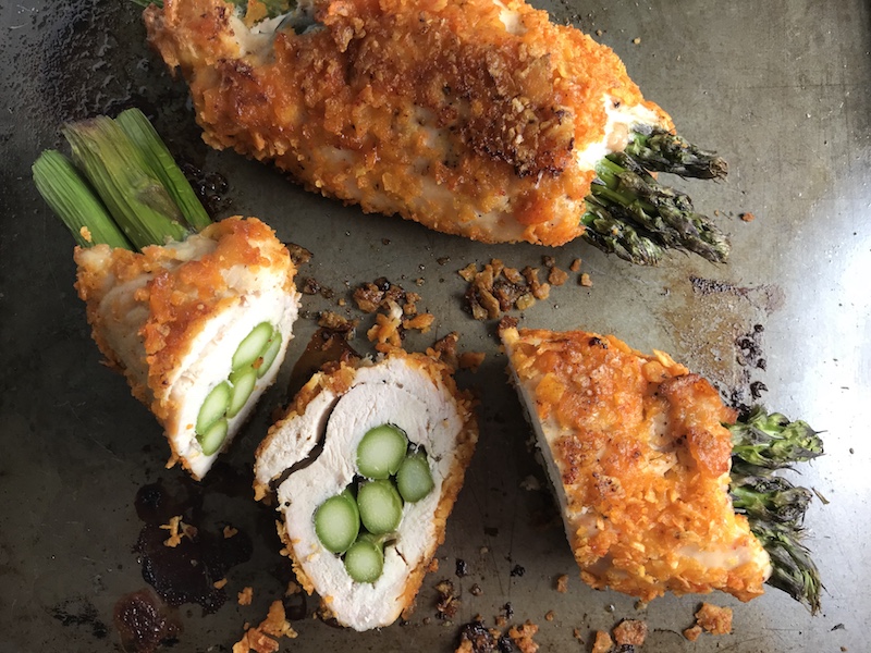 4-Ingredient DORITO CHICKEN and Asparagus Rolls! Yes, Doritos, my friend. The Doritos add a salty and crispy crust to the outside of the chicken with a hint of cheesy flavor. The Chicken stays moist and juicy rolled up and you get this fresh bite of Spring in the center with the Asparagus.