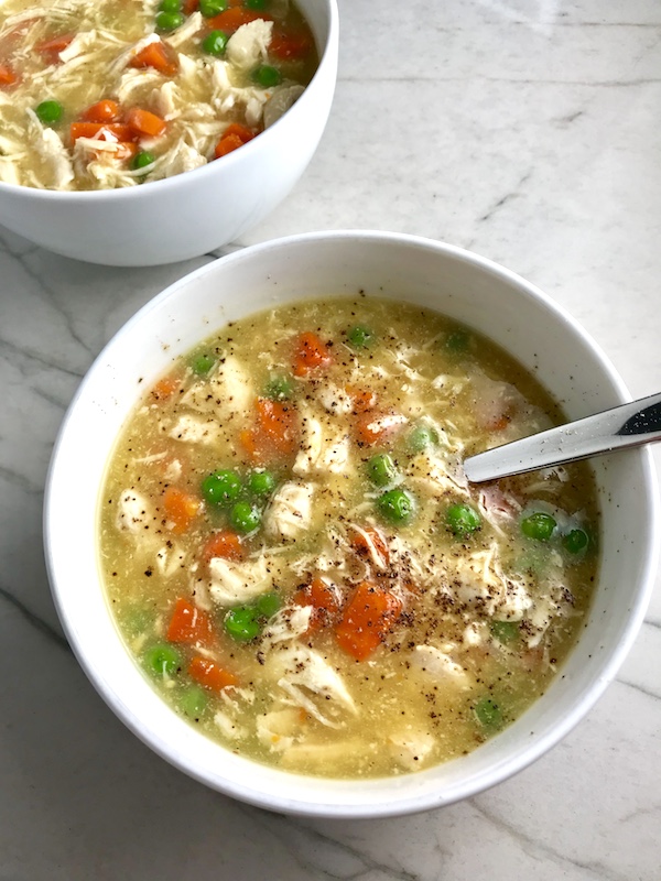 5-Ingredient Chunky Chicken Vegetable Soup is creamy (but there is no dairy!) and chunky, and delicious! With loads of chicken, carrots, and peas, t's full of flavor and texture even though it only has 5 ingredients. With a soup this chunky and hearty, who needs noodles!