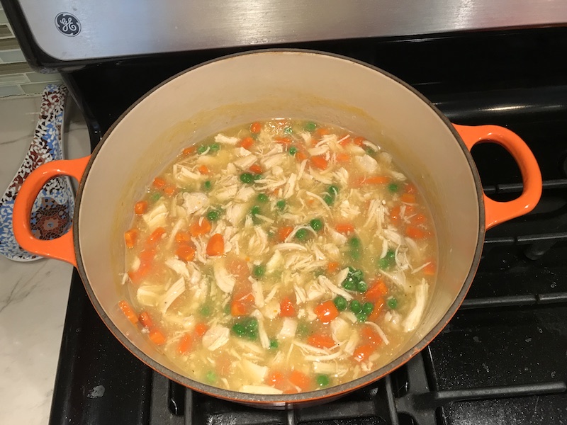 5-Ingredient Chunky Chicken Vegetable Soup is creamy (but there is no dairy!) and chunky, and delicious! With loads of chicken, carrots, and peas, t's full of flavor and texture even though it only has 5 ingredients. With a soup this chunky and hearty, who needs noodles!