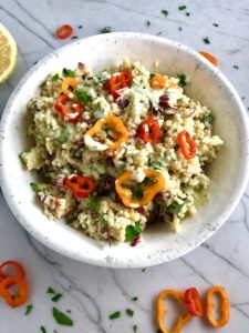 Veggie Quinoa Salad with Creamy Lemon Dressing is loaded with flavor, texture, color and is both delicious and nutritious! This Quinoa Veggie Salad has cucumber, sweet peppers, radicchio, scallions, and parsley. The dressing is a bright Creamy Lemon Dressing with Lemon, honey, mustard, and sour cream.