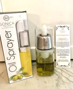 Sonica Organics Oil Sprayer allows you to use less oil by spraying it in an even and wide dispersion on pans, pots, or on food. It sprays out only what you put in, no added chemicals or toxins, or propellants as the store-bought aerosols have!