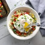 This 5-ingredient Sunny Quinoa with Fried Egg & Veggie Medley is simple, but incredible. The Veggie Medley is a trifecta of red pepper, zucchini, and sweet corn that are roasted on a sheet pan. Then on top of it all is a salty fried egg with a runny yoke that oozes out to bring a deep creaminess to the entire dish.