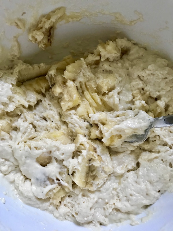 Mashed bananas in bowl for 4- Ingredient Banana Bread with Pancake Mix!