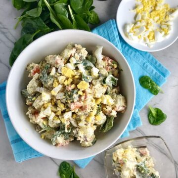 This Fully Loaded Potato Salad has salty bacon and cheddar cheese, creamy and rich egg, fresh scallions and baby spinach, and crunchy carrots.  The dressing is simple with a blend of yellow mustard and mayo.  Make ahead and enjoy later! YUMM-Y!