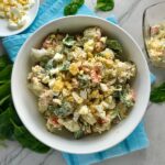 This Fully Loaded Potato Salad has salty bacon and cheddar cheese, creamy and rich egg, fresh scallions and baby spinach, and crunchy carrots. The dressing is simple with a blend of yellow mustard and mayo. Make ahead and enjoy later! YUMM-Y!