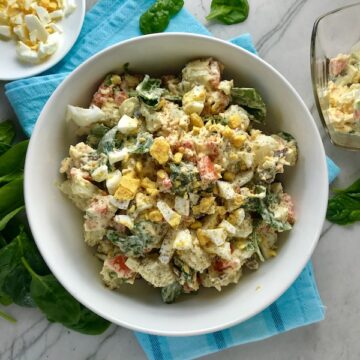 This Fully Loaded Potato Salad has salty bacon and cheddar cheese, creamy and rich egg, fresh scallions and baby spinach, and crunchy carrots. The dressing is simple with a blend of yellow mustard and mayo. Make ahead and enjoy later! YUMM-Y!