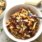 Anniversary Slow Cooker Beef Bolognese is a souped-up version of the traditional Italian Meat Sauce made EASY in the slow cooker! The flavors of the ingredients with the meat become one and turn into this amazing thick sauce. I add even MORE FLAVOR with Pancetta and Demi-Glace. Delicious!