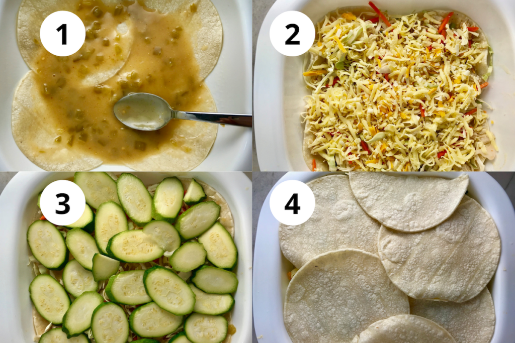 4-picture collage showing how to assemble the Sour Cream Enchilada Casserole.