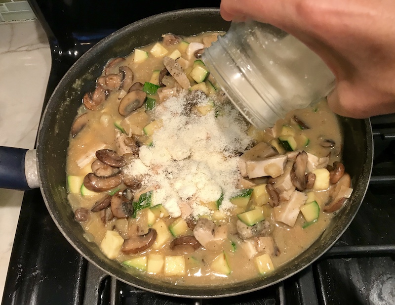 Zucchini and Chicken Rice Skillet is a creamy and flavorful recipe filled with earthy mushrooms, aromatic onions, fresh and bright zucchini, hearty chicken, and rice. It's incredibly easy to make as it all comes together in one skillet. The cream sauce is light and creamy, but has no heavy cream at all. This is a summer recipe that's a gluten free, easy recipe, and a one pan meal!