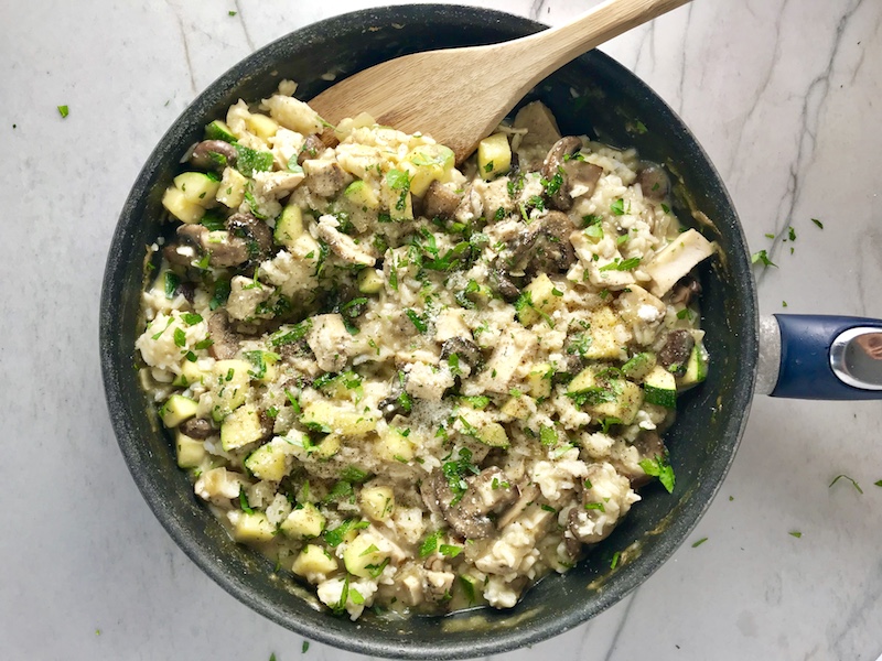 Zucchini and Chicken Rice Skillet is a creamy and flavorful recipe filled with different textures from the mushrooms, onion, zucchini, chicken, and rice. It's also incredibly easy to make as it all comes together in one skillet.