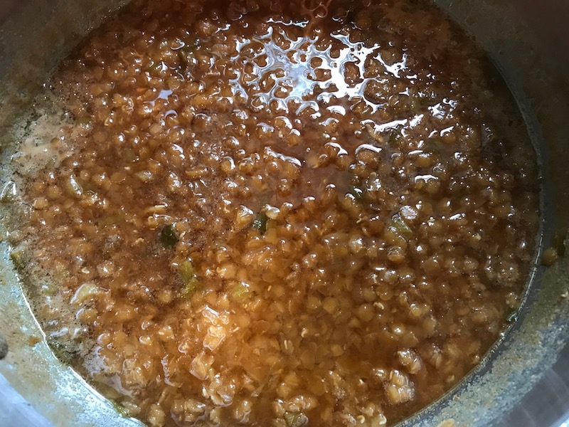 Close up of cooked lentils in sauce in pot for Korean Rice Bowl with Lentils and Cauliflower recipe, which is da bomb, exploding with flavor! The rice soaks up the sauce, which gives you a nutty, salty flavor from sesame oil and soy sauce, a warm and zesty kick from ginger and garlic, and sweetness from honey to balance it all out. Lentils and cauliflower give a meaty bite.