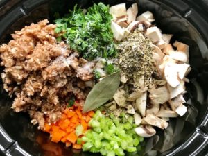 Ingredients in slow cooker for Chicken and Mushroom Soup in the Slow Cooker