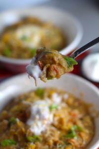 Close up of spoon with a bite of Chipotle Chicken Enchilada Stew with bowls in background. This is one of my Prepped Freezer Meal recipes and it's creamy, cozy, hearty, cheesy, and slightly spicy. All ingredients freeze raw, thaw, then cook in the slow cooker or in the oven. It's a stew because it's thick and hearty with bites of chicken, carrots, onion, chipotle peppers, cumin, garlic and tortilla chips that melt down to thicken this delicious stew.