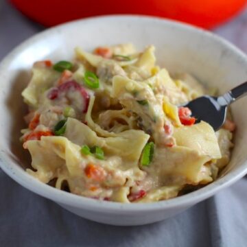 Stove top Easy Tuna Casserole in a bowl with a fork and pot in background. This is a creamy and delicious comfort dish with tuna and noodles and a surprise pop of sweet from Pimiento. This easy recipe is completely from scratch (no canned soup here!) but I can promise you it's so easy and only takes 30 minutes because it's a Casserole that you can make entirely on the stove top!