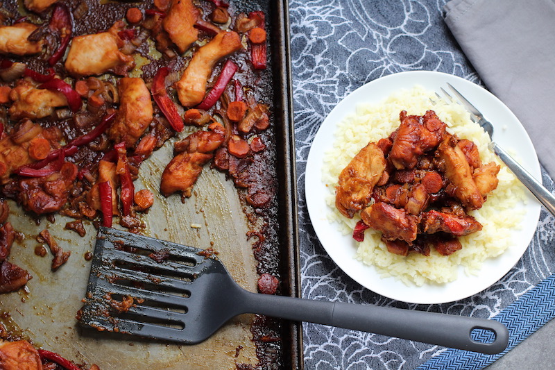 This Freezer Hoisin Chicken with Red Peppers, Carrots, Onions, Ginger, and Soy sauce is delicious and so easy to make. You get sweet and savory all in one dish and it's perfect for kids because it's sweet, not spicy at all. Just freeze ahead, thaw, then cook on a sheet pan!