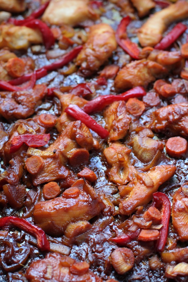 Hoisin Chicken and Red Peppers Cooked on sheet pan. This Freezer Hoisin Chicken with Red Peppers, Carrots, Onions, Ginger, and Soy sauce is delicious and so easy to make. You get sweet and savory all in one dish and it's perfect for kids because it's sweet, not spicy at all. Just freeze ahead, thaw, then cook on a sheet pan!
