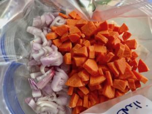 Diced Shallots and Carrots added to freezer bag for Moroccan Chicken Chili with Chickpeas is loaded with comforting and healthy ingredients and spices. You get warmth from Ginger, Turmeric, Garlic, and Coriander. Then tons of hearty flavor from browned ground chicken and Shallots. And creaminess from the Carrots and Chickpeas. You can make it ahead and freeze it until you are ready to cook it!