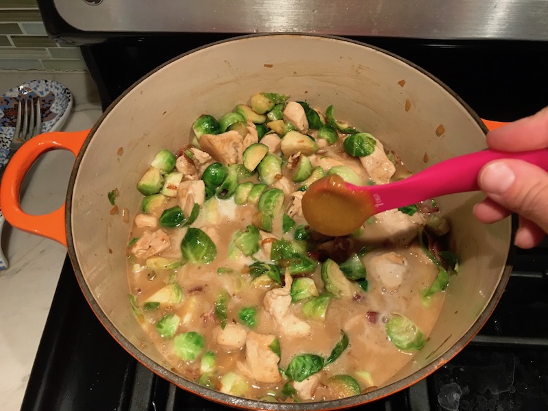 Adding Chicken base to Easy Bacon Brussel Sprouts and Chicken is a perfect quick Fall Recipe! It has a creamy sauce filled with salty bacon, earthy and almost nutty seared brussel sprouts, and hearty healthy chicken. Serve over rice (or Quinoa or pasta!).