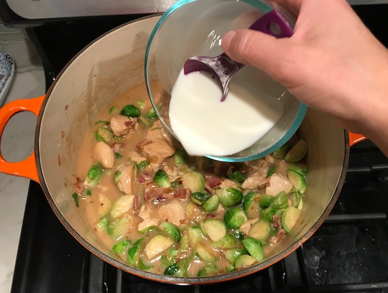 Adding Corn starch thickener to the Easy Bacon Brussel Sprouts and Chicken recipe. It's a perfect quick Fall Recipe! It has a creamy sauce filled with salty bacon, earthy and almost nutty seared brussel sprouts, and hearty healthy chicken. Serve over rice (or Quinoa or pasta!).