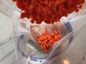 Adding diced carrots to Freezer Bag for a 5-Ingredient Homemade Chicken Soup. It's thick, creamy, and hearty. It's filled with flavorful broth, meaty shredded chicken, and sweet bursts of bright veggies. You can prepare all of the ingredients ahead and freeze them until you are ready to cook. Then, thaw, pour into the Slow Cooker, set and forget.