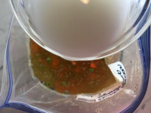 Corn Starch slurry added to Freezer Bag for a 5-Ingredient Homemade Chicken Soup. It's thick, creamy, and hearty. It's filled with flavorful broth, meaty shredded chicken, and sweet bursts of bright veggies. You can prepare all of the ingredients ahead and freeze them until you are ready to cook. Then, thaw, pour into the Slow Cooker, set and forget.