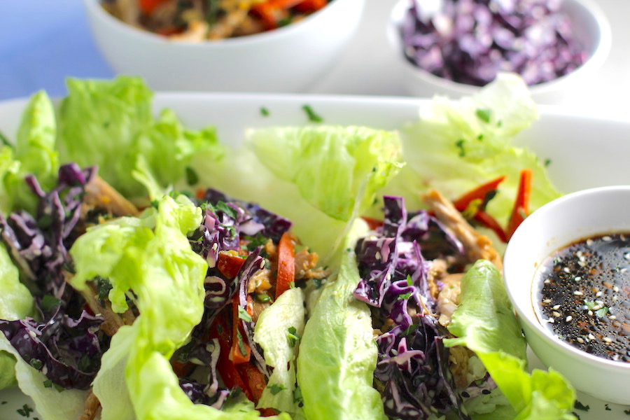Asian Lettuce Wraps on a plate with sauce. They are a fantastic way to use leftover Turkey or Chicken transforming it with new delicious flavors and textures. The turkey is stir fried with carrots, red pepper, and brussel sprouts in a flavorful ginger, garlic, & sesame sauce. It's layered in lettuce wraps with rice and a cool, crunchy purple cabbage sesame slaw. Serve with a Garlic Honey Soy Sauce....YUM!!!