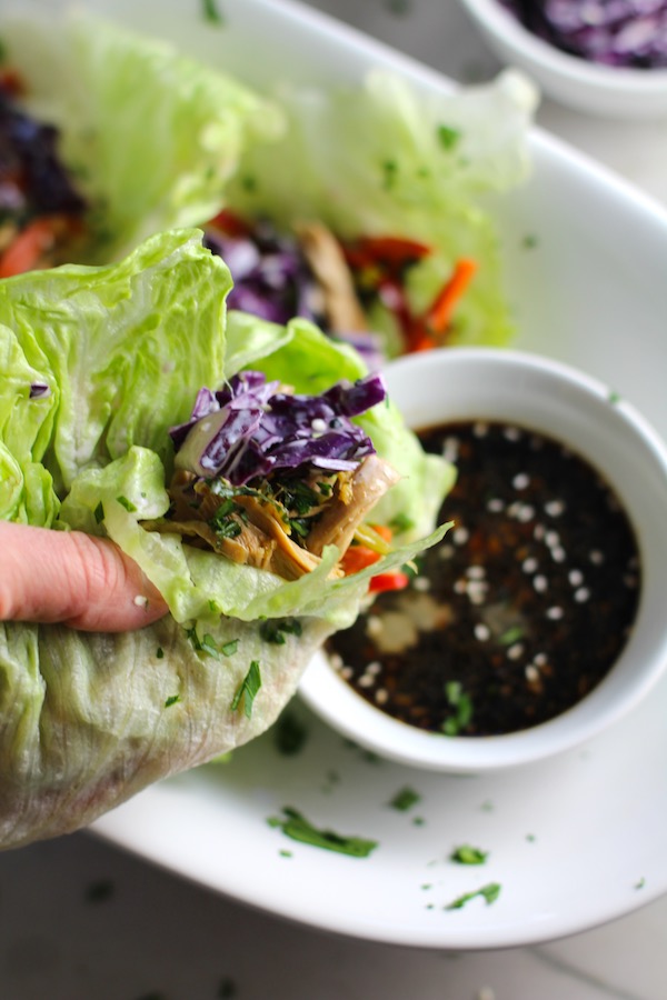 Asian Lettuce Wrap being dipped into sauce. They are a fantastic way to use leftover Turkey or Chicken transforming it with new delicious flavors and textures. The turkey is stir fried with carrots, red pepper, and brussel sprouts in a flavorful ginger, garlic, & sesame sauce. It's layered in lettuce wraps with rice and a cool, crunchy purple cabbage sesame slaw. Serve with a Garlic Honey Soy Sauce....YUM!!!