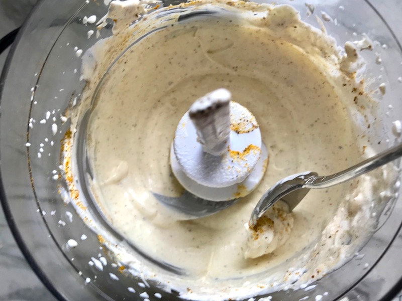 Curry Dressing blended in food processor for Curry Chicken Salad with raisins.