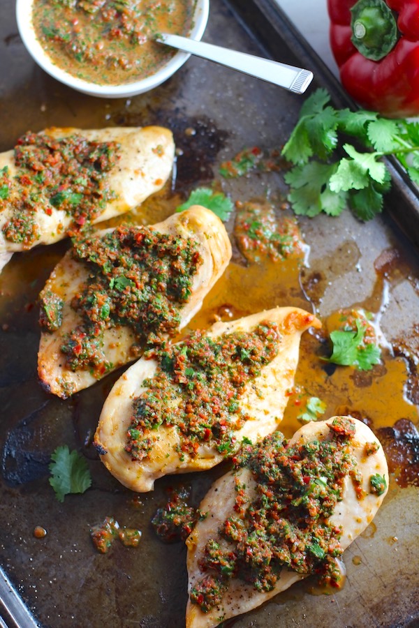 Chicken Chimichurri Rojo is easy, healthy, cool, fresh, tangy, and incredibly full-flavored!  Make-ahead and enjoy later this week!