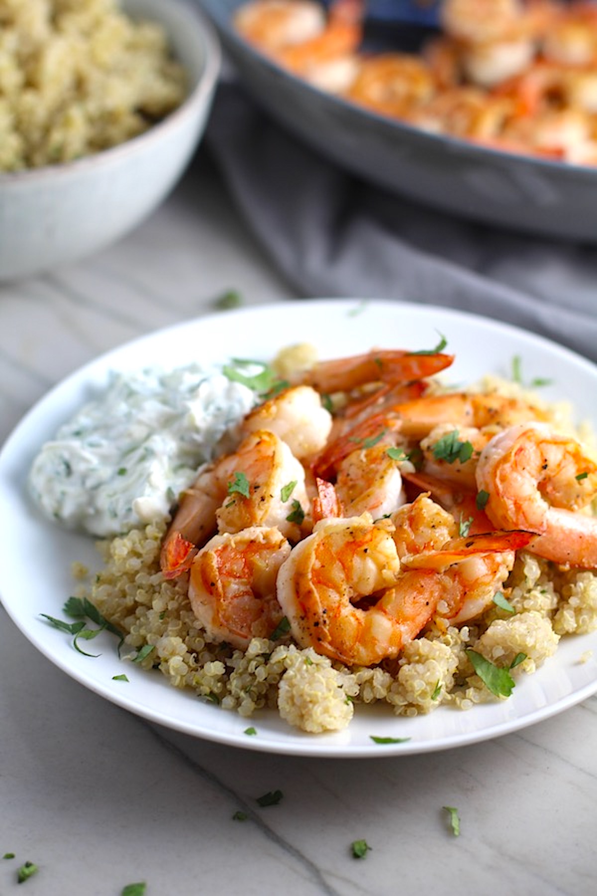 Garlic Lime Grilled Greek Shrimp with Tzatziki Sauce over Quinoa on plate. The Shrimp is simply sauteed with minced garlic, olive oil, and lime for big bold flavors. The Tzatziki Sauce is bright and cool with creamy yogurt with fresh cucumber, lime, garlic, and scallion.