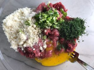 All Meatball ingredients in bowl for Meatballs in Cauliflower Dill Cream Sauce. #meatballs #swedishmeatballs #familydinner #easydinner #dinner #healthydinner