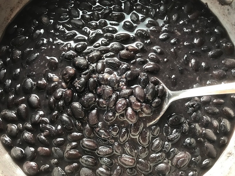 Black Beans with spoon for Black Bean Taco Bowl with rice, smoky black beans, avocado, salty Cotija cheese, sour cream, fresh tomato, and bright cilantro. This Black Bean Taco Bowl Bar lets everyone fills their bowl with any of the toppings they want! Perfect for kids. #tacos #tacobowls #healthyfood #dinner #healthydinner #familydinner #kidsdinner #blackbeans #vegetarian