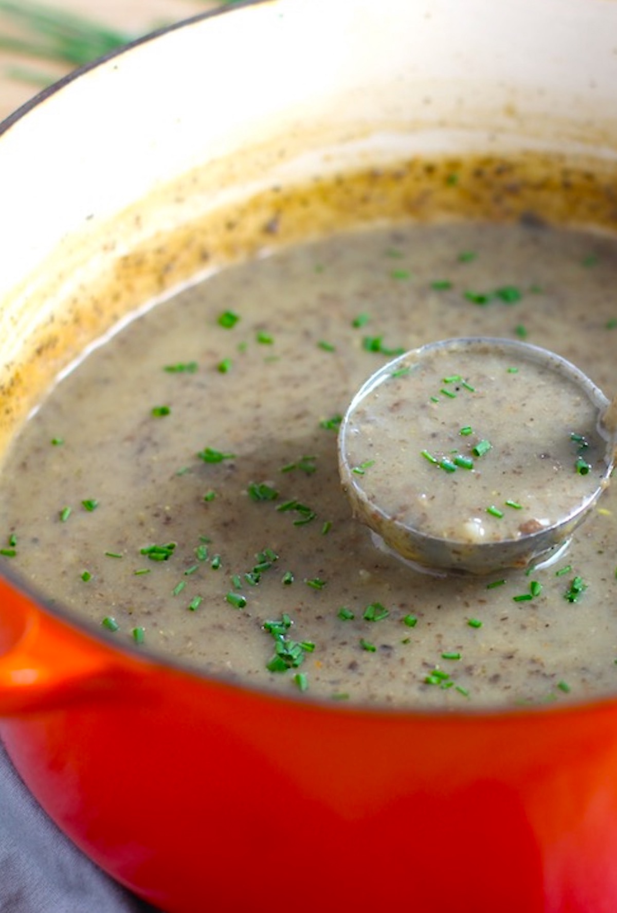 Gluten Free Cream of Mushroom Soup in a pot with ladle filled with earthy mushrooms, aeromatic onions, flavorful oregano, and bright chives.