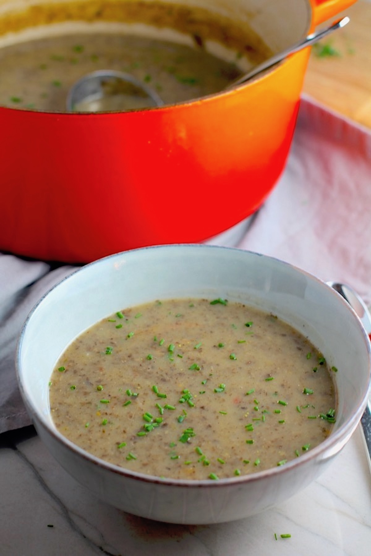 Gluten Free Cream of Mushroom Soup in a bowl with pot in background filled with earthy mushrooms, aeromatic onions, flavorful oregano, and bright chives.