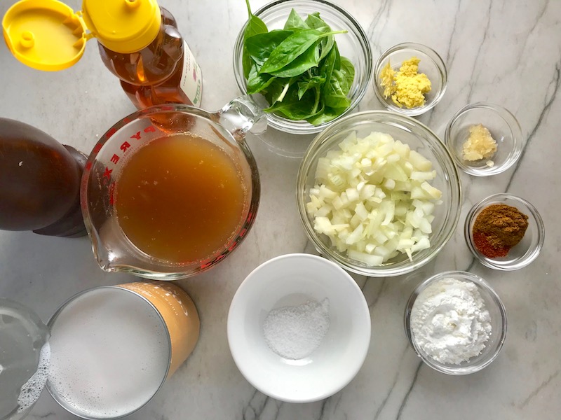 Ingredients for Chickpea Coconut Curry. The sauce has onion, coconut milk, ginger, garlic, and warm Indian Curry spices.