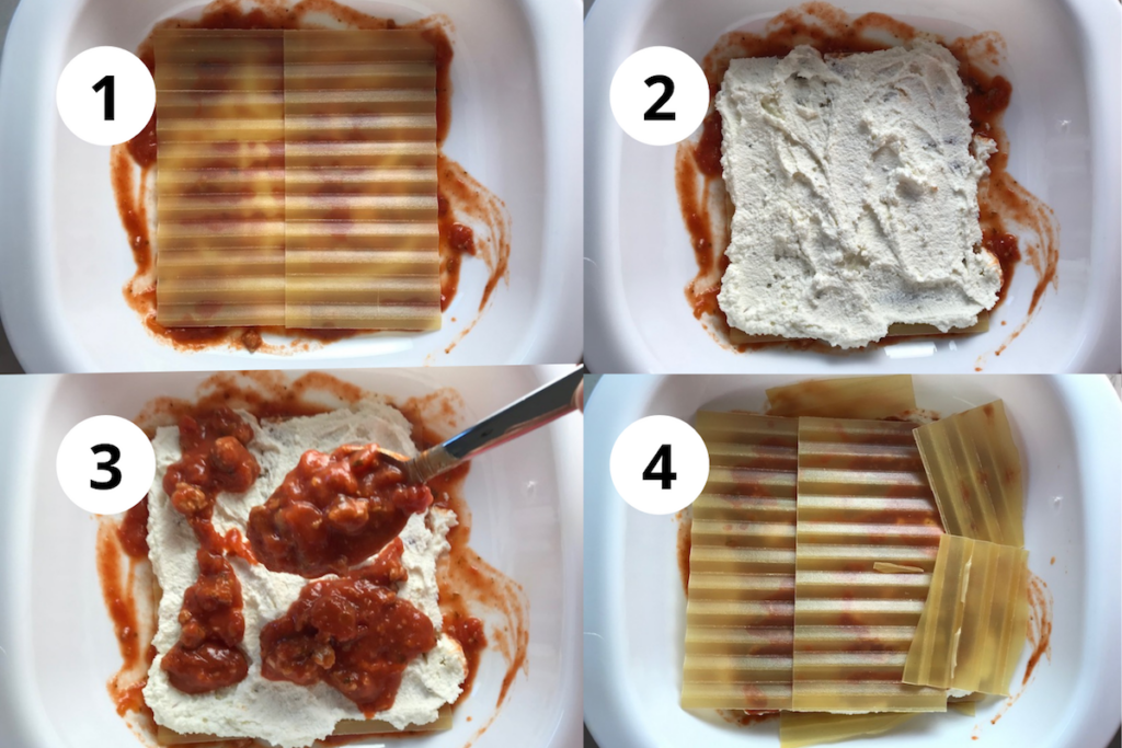 4 Images to show process of layering the lasagna with noodles, ricotta, sauce in casserole dish for this Easy Italian Sausage Chicken Lasagna Recipe. It's the stuff that dreams are made of. Layers of pasta, creamy ricotta, salty chewy mozzarella, salty and hearty Italian Sausage, and sweet and tangy tomato sauce.