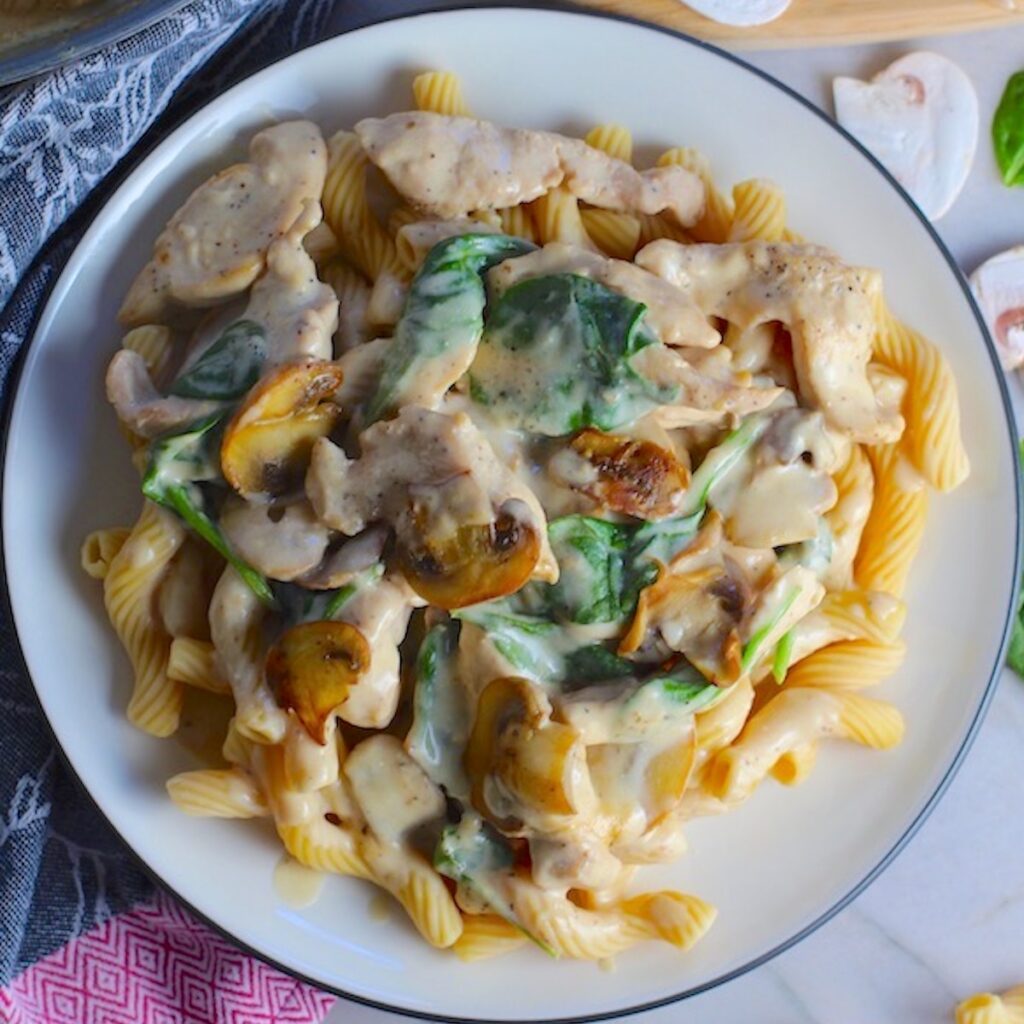 Chicken Mushroom Stroganoff on a plate with Cavatappi pasta, mushrooms, and spinach. It has a thick, creamy, savory mushroom sauce with a touch of tangy sour cream.