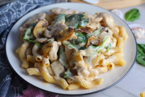 Chicken Stroganoff on a plate with Cavatappi pasta, mushrooms, and spinach. It has a thick, creamy, savory mushroom sauce with a touch of tangy sour cream. #chickendinners #chickenrecipes #familydinners #dinnerideas