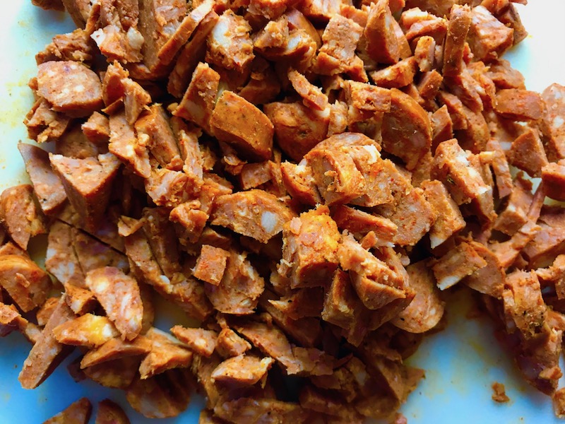 Chopped Chorizo for Slow Cooker Egg Casserole with Chorizo, Potatoes and both cheddar and manchego cheeses. IT COOKS WHILE YOU SLEEP! #eggs #eggcasseroles #eggrecipes #breakfastideas #holidayrecipes