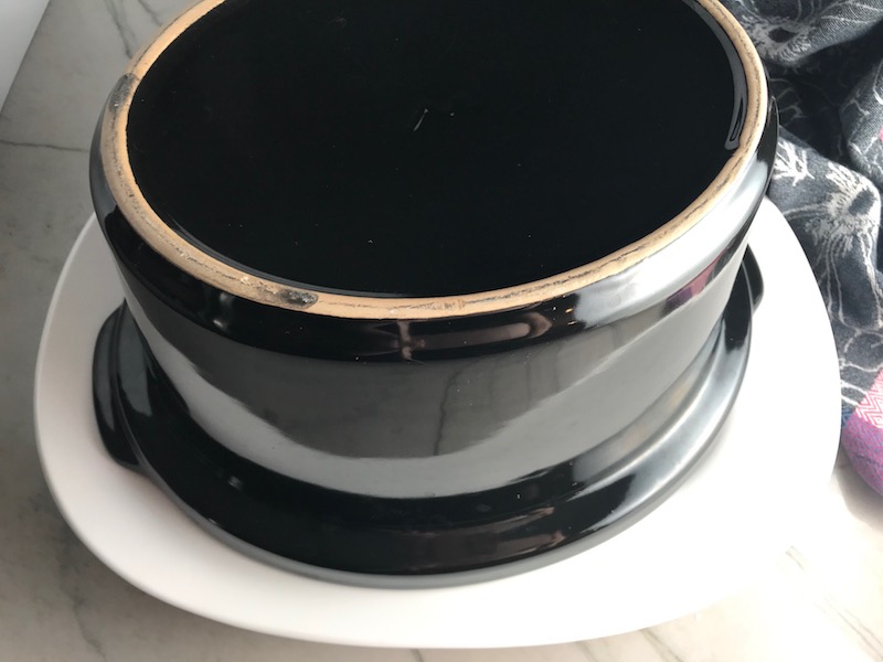 Slow Cooker inverted to get Egg Casserole out. Egg Casserole with Chorizo, Potatoes and both cheddar and manchego cheeses. IT COOKS WHILE YOU SLEEP! #eggs #eggcasseroles #eggrecipes #breakfastideas #holidayrecipe