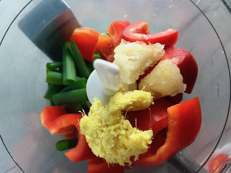 Ingredients in food processor for Teriyaki Meatballs with Veggie Stir Fry, and rice noodles. #asianmeatballs #teriyaki #noodles #familydinner #easydinners #dinnerideas