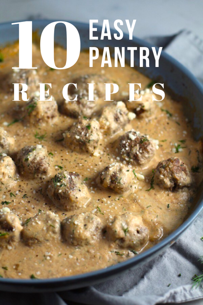 Easy freezable meatballs in dill cauliflower cream sauce, 1 of 10 Easy Pantry Dinner recipes where you can lean on the pantry and the freezer to help you in a pinch!  They are fast, easy, but also healthy and delicious.  In addition to these 10 recipes, I also give you a Printable Pantry Must-Haves Grocery List, more dinner ideas, and a Freezer Hacks Cheat Sheet!  #pantrydinnerideas #pantrydinner #pantrymeals #easydinners #freezermeals #quickdinnerideas